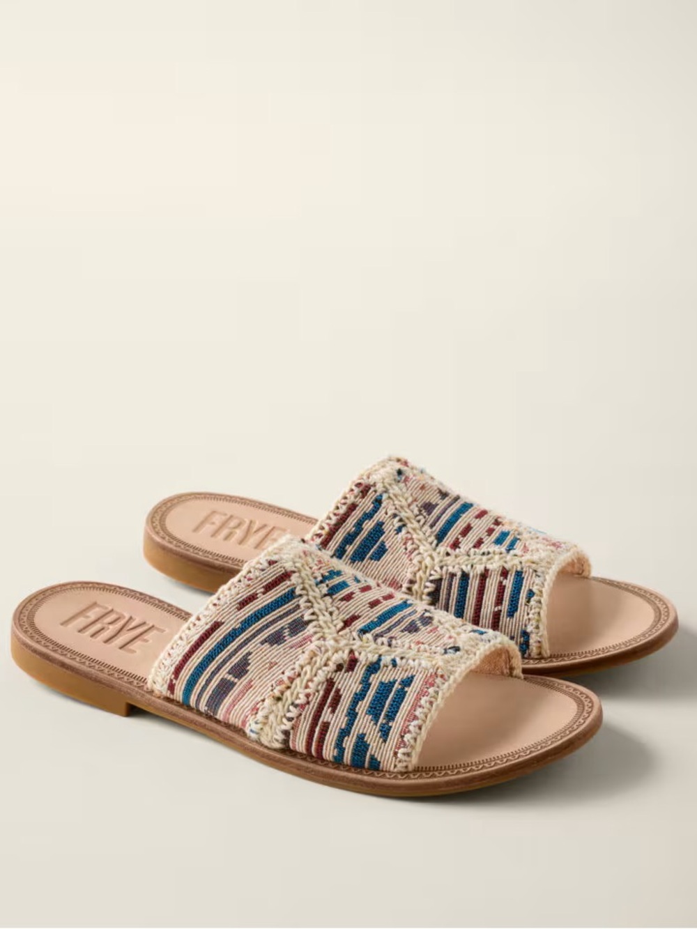 Frye Ava Crochet Slide Sandals Ivory Southwest Woven Boho Flats Size 11